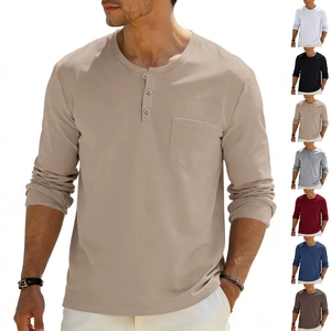 Men Long Sleeve Henley Shirt Casual Polyester Solid Color With Chest Pocket Vintage American Style Men Tops