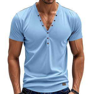 Men's light blue slim fit Henley shirt with V-neck button design and short sleeves