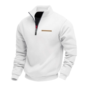 Detail of white fleece pullover featuring a quarter-zip collar and red contrast neck tape