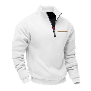 Detailed view of the quarter-zip collar with metal zipper and brown chest stripe