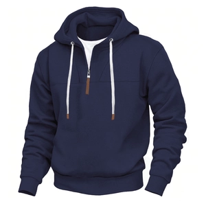 Felpa con cappuccio classica blu navy da uomo con mezza zip e fodera in pile