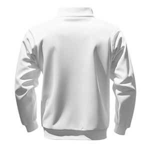 Detailed back view of a white fleece-lined stand collar sports sweatshirt with ribbed hem