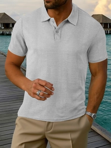 Men's grey waffle knit short sleeve polo shirt with textured fabric for summer casual wear