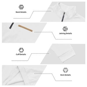 Detailed close-up of zipper collar, stitching, cuff and hem of white heavy fleece sweatshirt