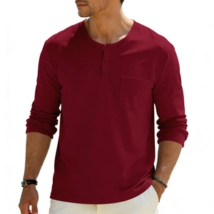 Men's burgundy long sleeve Henley shirt with buttoned collar and chest pocket detail