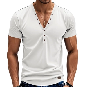 Men's slim fit white short sleeve Henley shirt with V-neck and decorative brown buttons