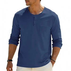 Men's retro navy blue Henley long sleeve t-shirt with three-button placket and chest pocket
