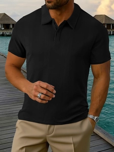 Men's black short sleeve polo shirt with waffle texture and lapel collar for summer