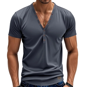 Men's slim fit V-neck Henley short sleeve shirt in dark grey blue with button detail