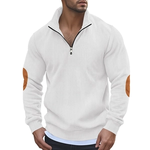 Herren Sweatshirt aus weißem Kord mit halbem Reißverschluss und braunen Ellbogen-Patches