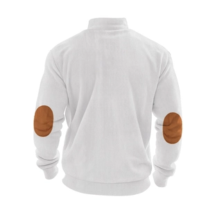 Detailansicht der Rückseite des weißen Cord-Sweatshirts mit braunen Ellbogen-Patches und Rippbündchen