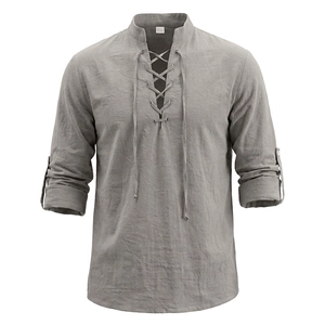 Detailed view of grey linen Henley shirt with lace-up V-neck and stand collar design
