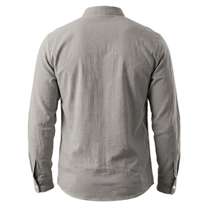 Detail view of the back of a men's long sleeve linen shirt with curved hem in khaki