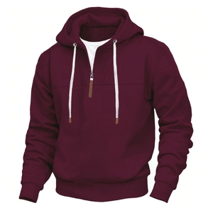 Felpa bordeaux classica con mezza zip, cappuccio, coulisse bianche e interno in pile