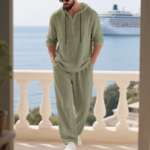 Men's linen casual two-piece suit with hooded Henley shirt and trousers in olive green