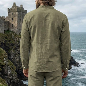 Detailed back view of olive green linen henley shirt showing fabric texture and stand collar