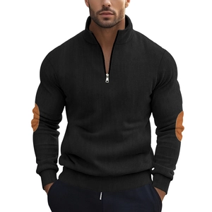 Men's black corduroy half-zip sweatshirt with stand collar and elbow patches