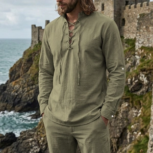 Close-up of retro lace-up V-neck detail and linen texture on long sleeve Henley shirt
