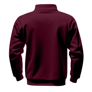 Back view of heavy fleece-lined burgundy sweatshirt with ribbed cuffs and stand collar