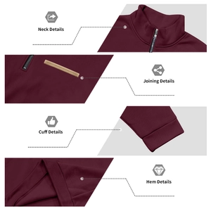 Macro details of burgundy fleece sweatshirt showing neck zipper, seam stitching and ribbed cuffs
