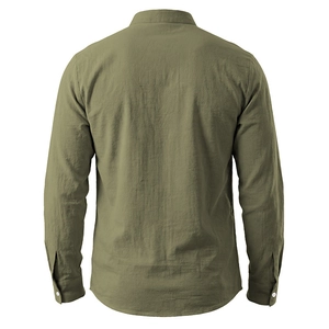 Rear view of olive green linen Henley shirt showing fabric texture and shoulder seams