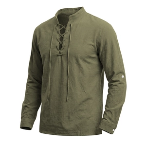 Detailed close-up of military green linen Henley shirt with lace-up collar and sleeve tabs