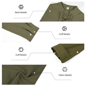 Detailed views of lace-up V-neck and adjustable cuffs on green linen texture shirt