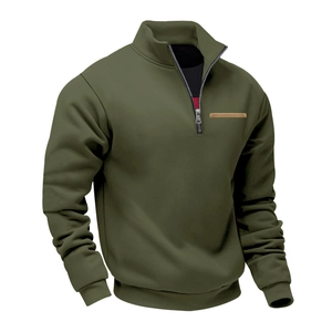 Detail of army green fleece sweatshirt featuring quarter-zip stand collar and brown chest trim
