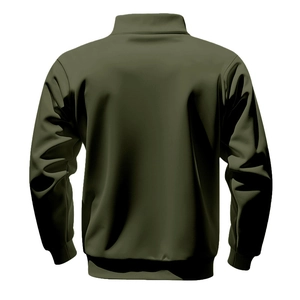 Rear view of army green heavy fleece hoodie featuring ribbed cuffs and a stand collar