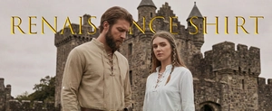 Detail of medieval Renaissance shirt with lace-up V-neck and textured linen fabric