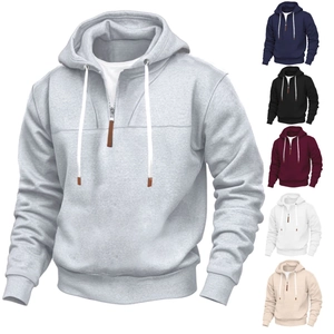 Felpa con Cappuccio da Uomo Mezza Zip Foderata in Pile Patchwork Manica Lunga Vestibilità Comoda Casual Stile Americano
