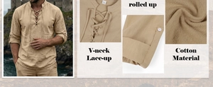 Detail of men's medieval linen shirt with V-neck lace-up design and rolled-up button sleeves