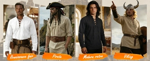 Men's retro linen shirt with lace-up V-neck shown in four various style outdoor scenes