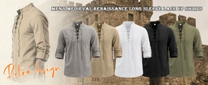 Five colors of men's medieval lace-up linen shirts with detailed retro design elements