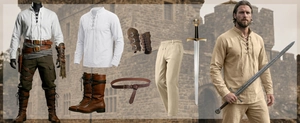 Detail of medieval linen shirt with lace-up collar and vintage leather accessories