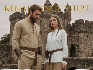Detail of Renaissance lace-up V-neck linen shirt with vintage leather belt accessories