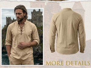 Detail view of beige linen shirt featuring lace-up V-neck and button-tab rolled sleeves