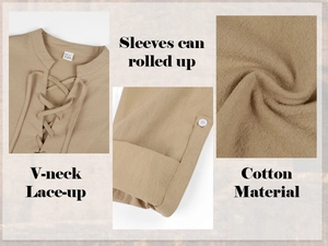 Detail view of khaki linen shirt featuring lace-up V-neck and roll-up buttoned sleeves
