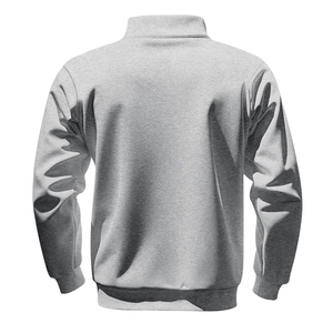 Back view of heavy grey fleece-lined sweatshirt with ribbed cuffs and stand-up collar