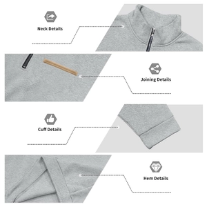 Macro details of collar, stitching, and cuffs on a men's heavy grey fleece sweatshirt