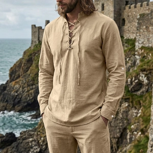 Vintage ανδρικό λινό πουκάμισο Henley με μακριά μανίκια και παντελόνι σε μπεζ χρώμα