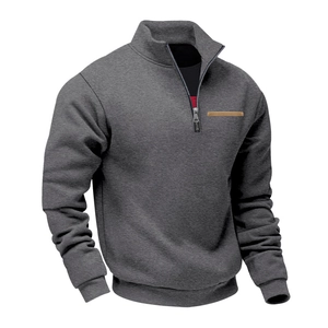Detail of gray fleece-lined sweatshirt showing half-zip collar and brown chest trim
