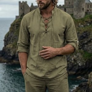Ανδρικό vintage λινό πουκάμισο Henley σε λαδί χρώμα με κορδόνια και μακριά μανίκια