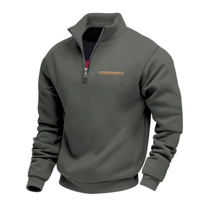 Detailed close-up of heavy fleece sweatshirt half-zip collar with brown leather trim accent