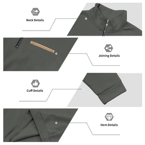 Detail view of winter fleece sweatshirt showing half-zip neck, cuffs and stitching details