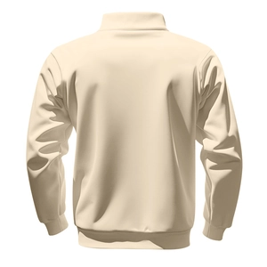 Back view of heavy fleece pullover featuring a stand collar and ribbed hem in cream white