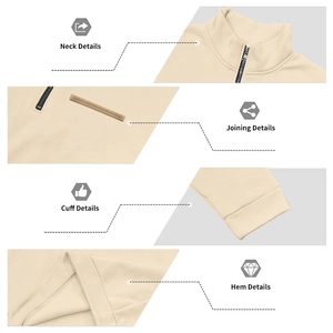 Detailed views of the stand collar zipper, sleeve cuffs and hem of the fleece sweatshirt