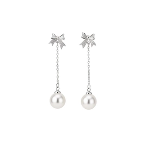 Elegant silver-colored bow earrings featuring sparkling zircons and dangling white pearls.