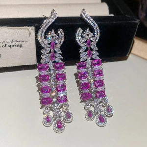 Elegant vintage tassel earrings with pink zircon water drop design in silver needle finish