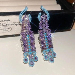 Exquisite vintage silver needle earrings with purple zircons and turquoise beads